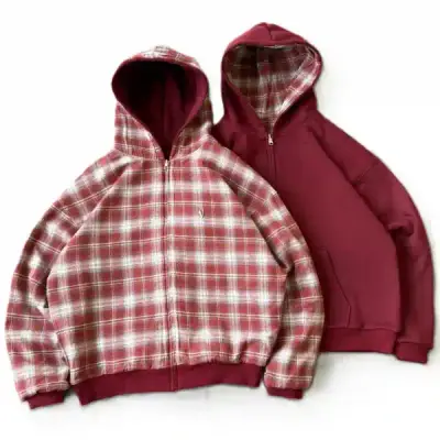 VRK Reversible Plaid Zip-Up Hoodie(Wine/Red)