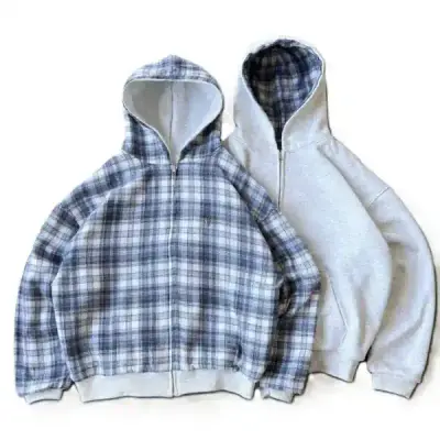 VRK Reversible Plaid Zip-Up Hoodie(Light Grey/Blue)