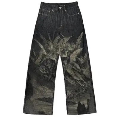 WANNA LAB Angel Print Raw Denim Baggy Jeans