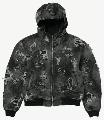 Thug Club Hard-Washed Damaged Denim Hooded Zip-Up