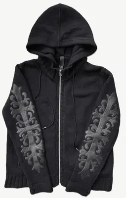 Chrome Hearts "Floral Cross" Leather Patch Knit Zip-Up Hoodie