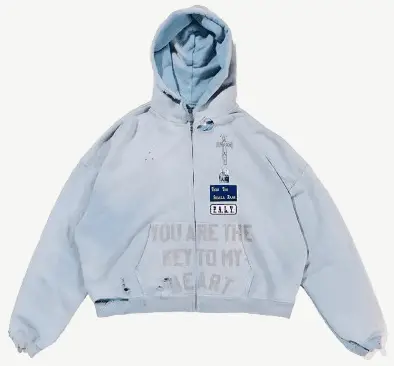 Paly Hollywood Distressed Blue Patchwork Hoodie
