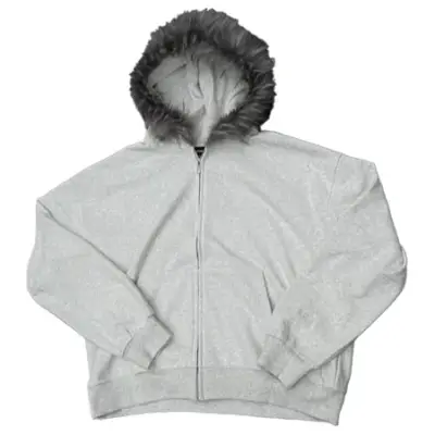 Faux Fur Zip-Up Hoodie Light Grey
