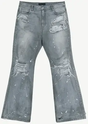 Project Gr25Ss Washed Dirty-Dyed Splatter Ink Heavily Distressed Fringed Flared Jeans Korea